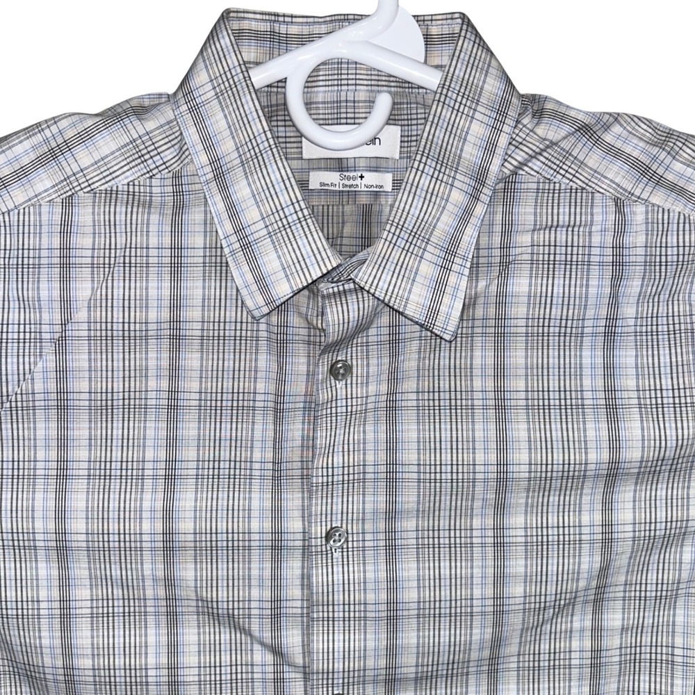 Calvin Klein Steel+ Mens XL Slim Fit Stretch Non-Iron Plaid Dress Shirt 17 34/35